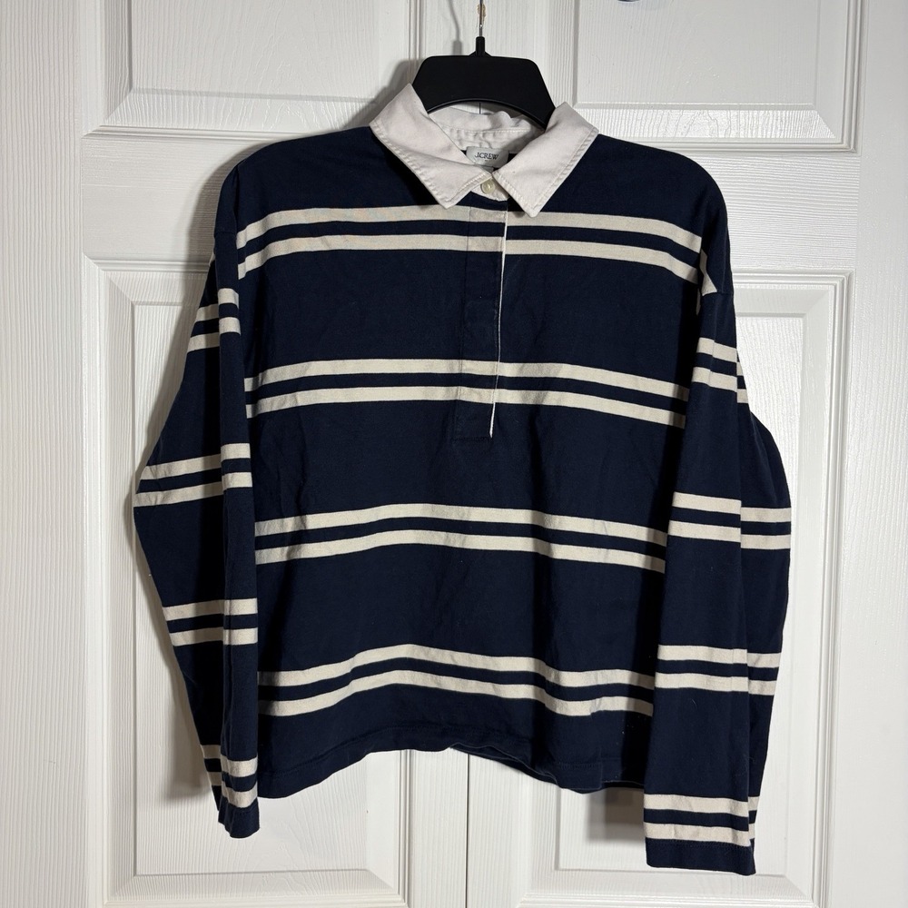 J Crew Heritage Rugby Shirt Women M Navy Cream Stiped Polo 100% Cotton Henley
